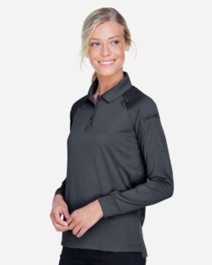 Harriton M211LW Women’s Advantage Long Sleeve Tactical Polo – Dark Charcoal (on model side)