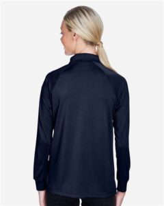 Harriton M211LW Women’s Advantage Long Sleeve Tactical Polo – Dark Navy (on model back)