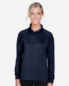 Harriton M211LW Women’s Advantage Long Sleeve Tactical Polo – Dark Navy (on model)
