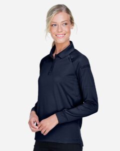 Harriton M211LW Women’s Advantage Long Sleeve Tactical Polo – Dark Navy (on model side)