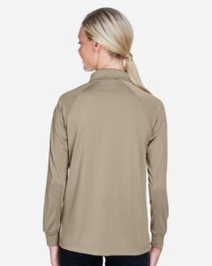 Harriton M211LW Women’s Advantage Long Sleeve Tactical Polo – Desert Khaki (on model back)