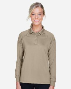 Harriton M211LW Women’s Advantage Long Sleeve Tactical Polo – Desert Khaki (on model)
