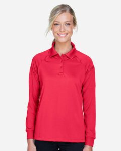 Harriton M211LW Women’s Advantage Long Sleeve Tactical Polo – Red (on model)