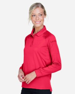 Harriton M211LW Women’s Advantage Long Sleeve Tactical Polo – Red (on model side)