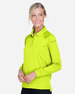 Harriton M211LW Women’s Advantage Long Sleeve Tactical Polo – Safety Yellow (on model side)