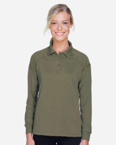 Harriton M211LW Women’s Advantage Long Sleeve Tactical Polo – Tactical Green (on model)