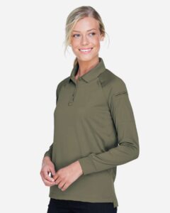 Harriton M211LW Women’s Advantage Long Sleeve Tactical Polo – Tactical Green (on model side)