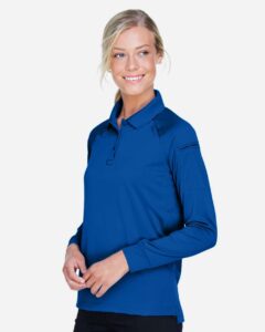 Harriton M211LW Women’s Advantage Long Sleeve Tactical Polo – True Royal (on model side)