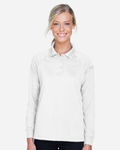 Harriton M211LW Women’s Advantage Long Sleeve Tactical Polo – White (on model)