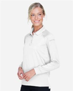 Harriton M211LW Women’s Advantage Long Sleeve Tactical Polo – White (on model side)