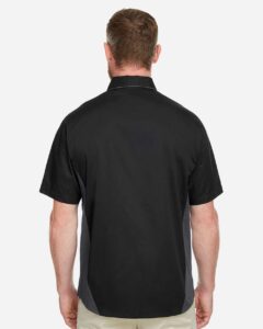 Harriton M586 Men’s Flash IL Colorblock Shirt – Black/ Dark Charcoal (on model back)