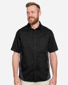 Harriton M586 Men’s Flash IL Colorblock Shirt – Black/ Dark Charcoal (on model)