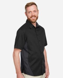 Harriton M586 Men’s Flash IL Colorblock Shirt – Black/ Dark Charcoal (on model side)