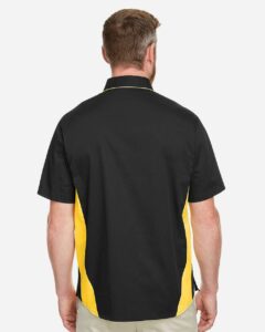Harriton M586 Men’s Flash IL Colorblock Shirt – Black/ Sunray Yellow (on model back)