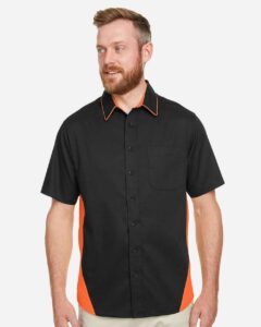 Harriton M586 Men’s Flash IL Colorblock Shirt – Black/ Team Orange (on model)