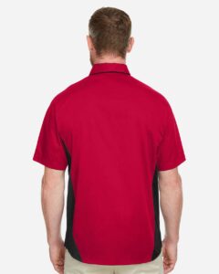 Harriton M586 Men’s Flash IL Colorblock Shirt – Red/ Black (on model back)