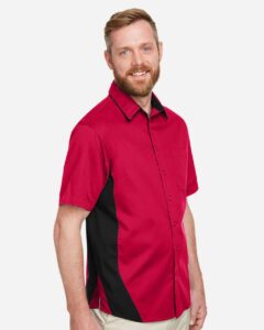 Harriton M586 Men’s Flash IL Colorblock Shirt – Red/ Black (on model side)
