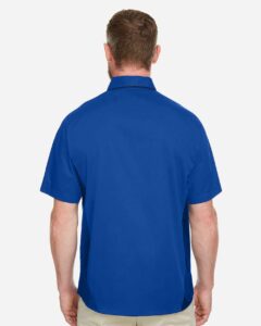 Harriton M586 Men’s Flash IL Colorblock Shirt – True Royal/ Black (on model back)