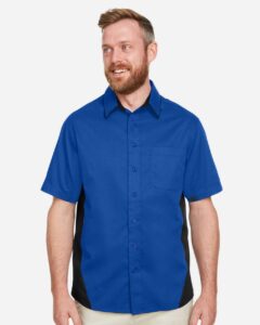 Harriton M586 Men’s Flash IL Colorblock Shirt – True Royal/ Black (on model)