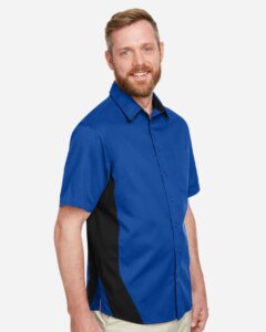 Harriton M586 Men’s Flash IL Colorblock Shirt – True Royal/ Black (on model side)
