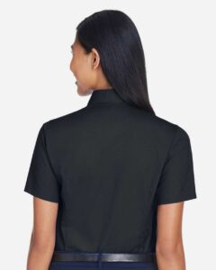 Harriton M500SW Women’s Easy Blend™ Short Sleeve Twill Dress Shirt with Stain-Release – Black (on model back)