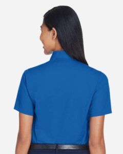 Harriton M500SW Women’s Easy Blend™ Short Sleeve Twill Dress Shirt with Stain-Release – French Blue (on model back)