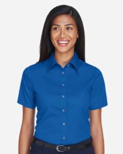Harriton M500SW Women’s Easy Blend™ Short Sleeve Twill Dress Shirt with Stain-Release – French Blue (on model)