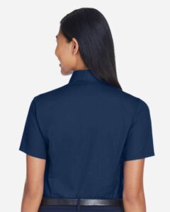 Harriton M500SW Women’s Easy Blend™ Short Sleeve Twill Dress Shirt with Stain-Release – Navy (on model back)