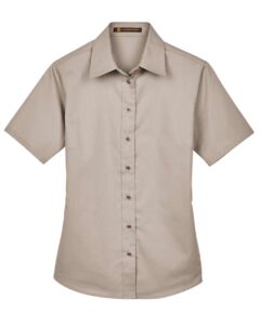Harriton M500SW Women’s Easy Blend™ Short Sleeve Twill Dress Shirt with Stain-Release – Stone