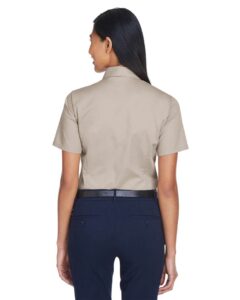 Harriton M500SW Women’s Easy Blend™ Short Sleeve Twill Dress Shirt with Stain-Release – Stone (on model back)