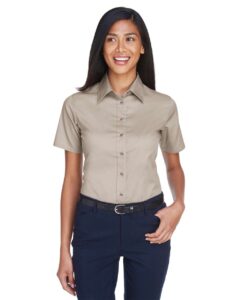Harriton M500SW Women’s Easy Blend™ Short Sleeve Twill Dress Shirt with Stain-Release – Stone (on model)