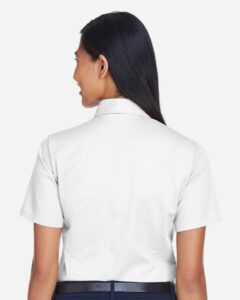 Harriton M500SW Women’s Easy Blend™ Short Sleeve Twill Dress Shirt with Stain-Release – White (on model back)
