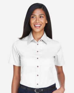 Harriton M500SW Women’s Easy Blend™ Short Sleeve Twill Dress Shirt with Stain-Release – White (on model)