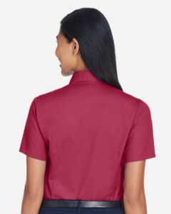 Harriton M500SW Women’s Easy Blend™ Short Sleeve Twill Dress Shirt with Stain-Release – Wine (on model back)