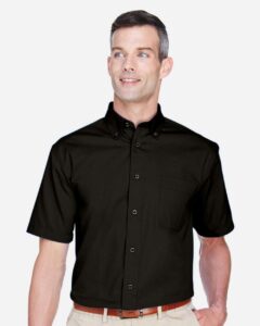 Harriton M500S Men’s Easy Blend™ Twill Dress Shirt with Stain-Release – Black (on model)