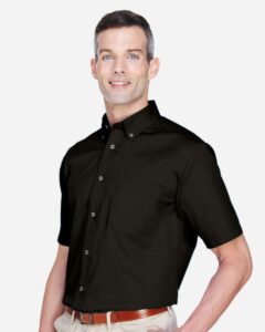 Harriton M500S Men’s Easy Blend™ Twill Dress Shirt with Stain-Release – Black (on model side)