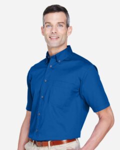 Harriton M500S Men’s Easy Blend™ Twill Dress Shirt with Stain-Release – French Blue (on model side)