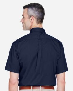 Harriton M500S Men’s Easy Blend™ Twill Dress Shirt with Stain-Release – Navy (on model back)