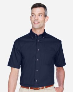 Harriton M500S Men’s Easy Blend™ Twill Dress Shirt with Stain-Release – Navy (on model)