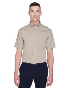 Harriton M500S Men’s Easy Blend™ Twill Dress Shirt with Stain-Release – Stone (on model)