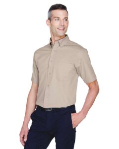 Harriton M500S Men’s Easy Blend™ Twill Dress Shirt with Stain-Release – Stone (on model side)
