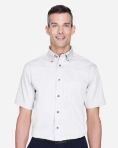 Harriton M500S Men’s Easy Blend™ Twill Dress Shirt with Stain-Release – White (on model)
