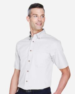Harriton M500S Men’s Easy Blend™ Twill Dress Shirt with Stain-Release – White (on model side)