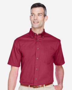 Harriton M500S Men’s Easy Blend™ Twill Dress Shirt with Stain-Release – Wine (on model)