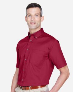 Harriton M500S Men’s Easy Blend™ Twill Dress Shirt with Stain-Release – Wine (on model side)