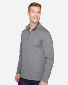 Team 365 TT31H Men’s Zone Sonic Heather Performance Quarter-Zip Pullover – Dark Grey Heather (on model side)
