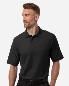 Harriton M105T Men’s Tall Maverick CVC Pique Polo – Black (on model)