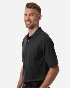 Harriton M105T Men’s Tall Maverick CVC Pique Polo – Black (on model side)