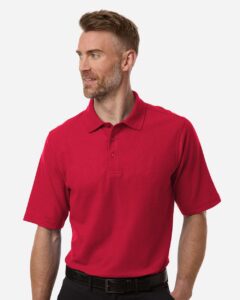 Harriton M105T Men’s Tall Maverick CVC Pique Polo – Red (on model)