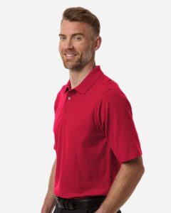 Harriton M105T Men’s Tall Maverick CVC Pique Polo – Red (on model side)